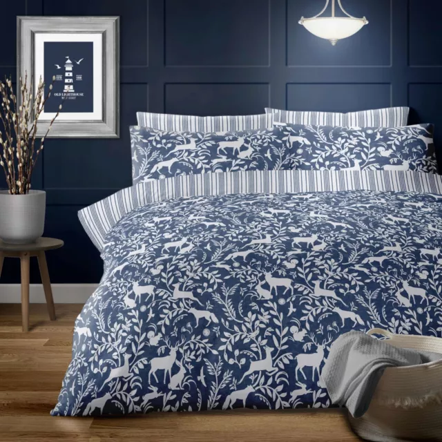 Brushed Cotton Woodland Animal Design Duvet Cover Set Navy Blue White King Bed