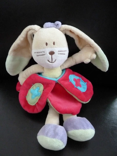 M5. DOUDOU PELUCHE MOTS D'ENFANTS LAPIN ROBE TUTU ROUGE VERT MAUVE ORANGE 26cTBE