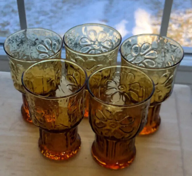 5 Libbey Country Garden Amber Juice Glasses Vintage Flowers Emboss Stackable EUC