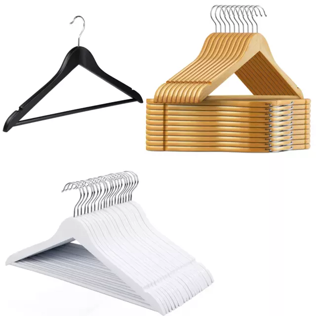 Heavy Duty Black, White, Natural Wooden Coat Hangers With Trouser Bar