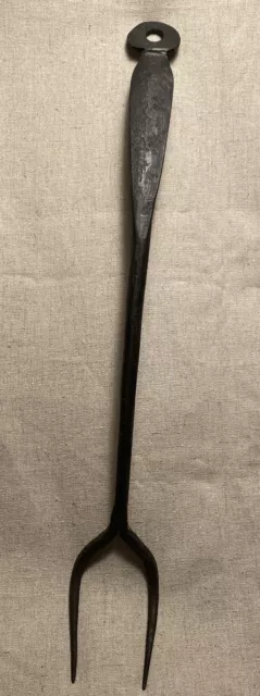 Antique Hand Forged Wrought Iron Hearth Fire 2- Prong Primitive Fork 13 1/2”