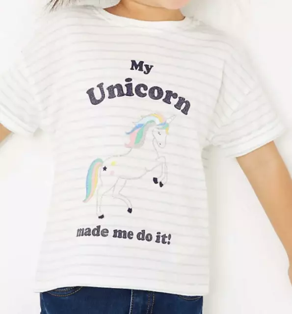 Girls Unicorn T-Shirt Stripey Short Sleeve 100% Cotton Ex M&S Age 2 to 7 years