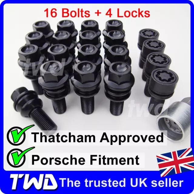 20x BLACK WHEEL BOLTS & LOCKS - PORSCHE CAYMAN 987 981 ALLOY STUD LUG NUT [20Fe]