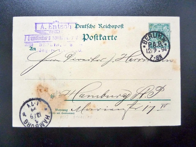DR-Postkarte P32I, Stempel BERLIN R.A.8. und HAMBURG - A. Entsch Verlag