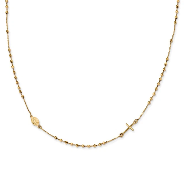 Real 14K Yellow Gold Polished Cross Rosary 16 inch Necklace; 16 inch