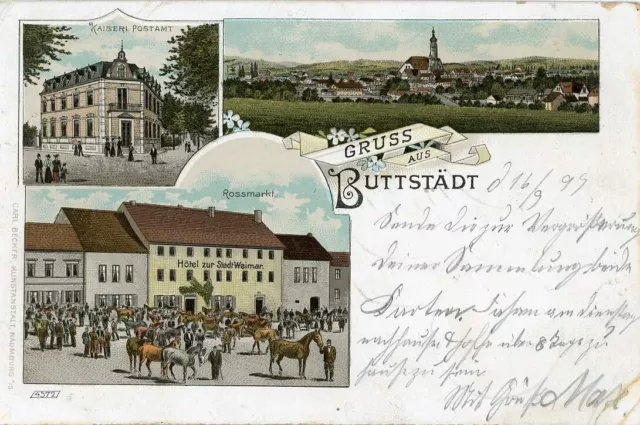 AK , Buttstädt, Sömmerda, Gruß aus..., mit Post, Rossmarkt, gelaufen 1899