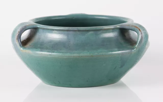 vintage Upchurch art pottery tri handled vase with blue / teal colour glaze