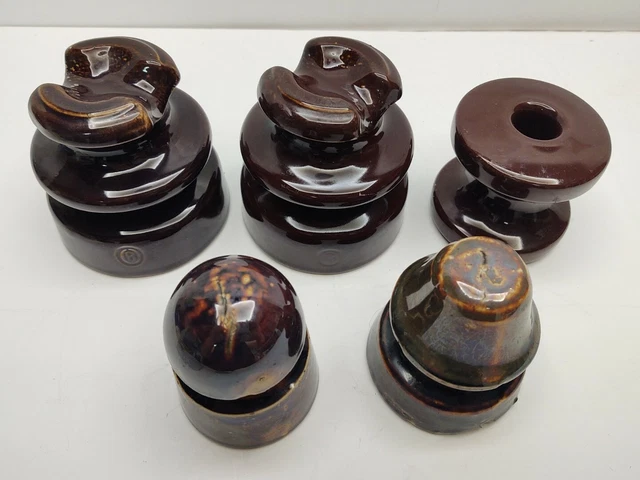 Vintage LOT Of 5 Brown Glazed Ceramic Porcelain Electric Power Line Insulators