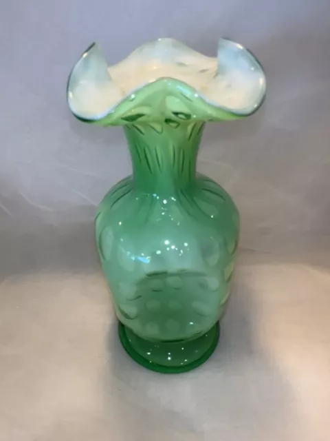 Vintage Fenton Green Overlay White Cased Glass Bubble Optic Dot Pinch Vase