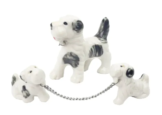 Japan Porcelain Figurine Home Decor 2" White/Black Fox Terrier Dog & Pup &Chain