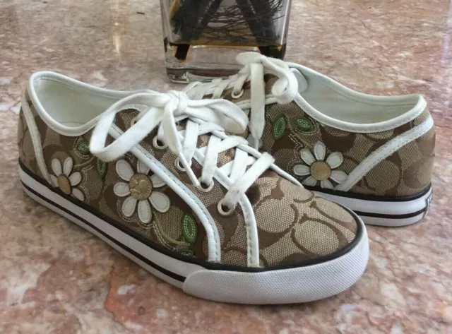 Coach Dee Floral Khaki Brown Canvas Lace up Sneakers Size 6.5B Q991 EUC, $159