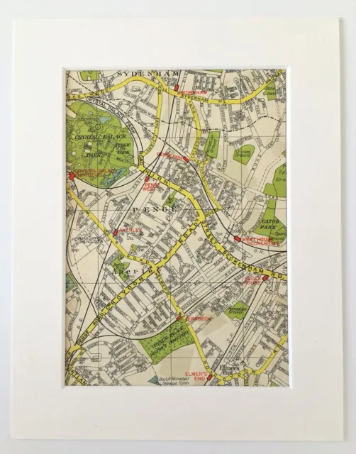Antique 1940s London Map - Mounted - Colour - PENGE, SYDENHAM, CRYSTAL PALACE