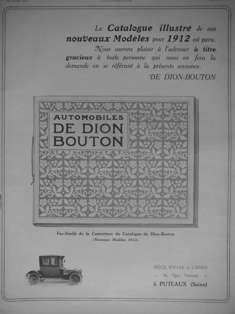 Publicité De Presse 1911 Automobiles De Dion Bouton Fac-Similé De La Couverture