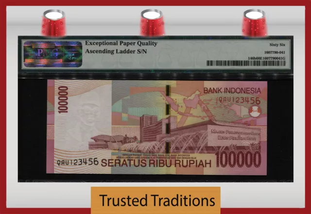 TT PK 146b 2004 INDONESIA 100000 RUPIAH LADDER SERIAL # 123456 PMG 66 EPQ GEM 2