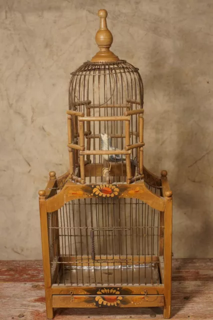 Antique Vintage Wood Folk Art Painted Bird Cage Enclosure 24" by 10" by 6"