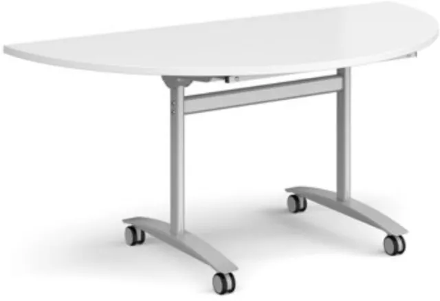 Semi circular deluxe fliptop meeting table with silver frame 1600mm x 800mm - wh