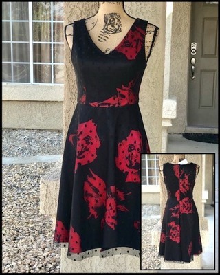 Liza Luxe V-Neck Sleeveless A-line Dress Detailed wBlack Dotted Overlay Sz SML