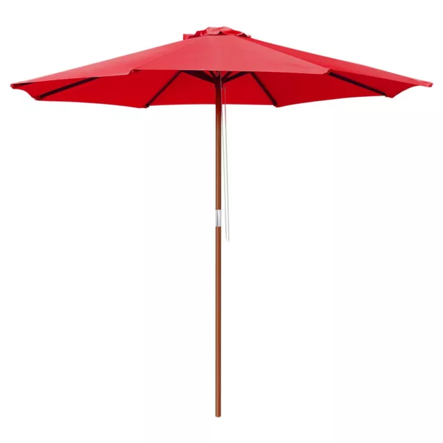 9' Wood Outdoor Umbrella w/ Pulley Patio Market Cafe Garden Yard Beach Pool Red