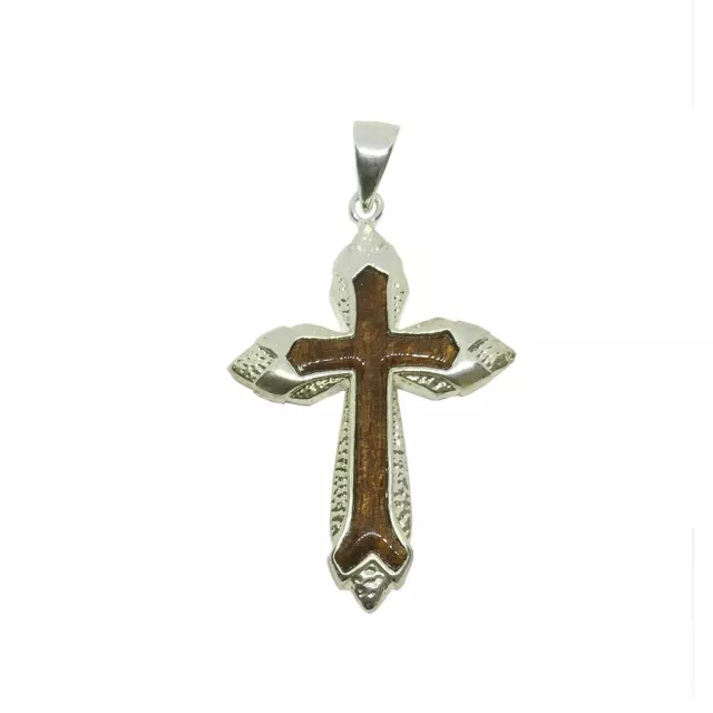 Hawaiian Jewelry Silver Koa Wood Cross Pendant Necklace with 18 inch chain