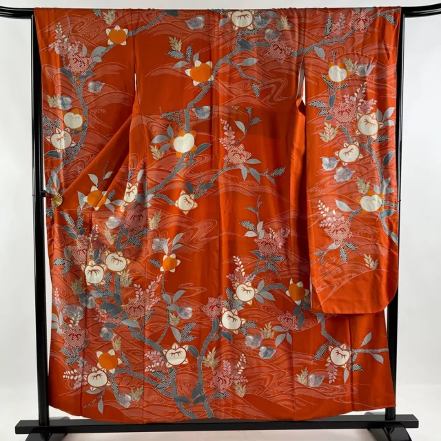 Japanese Silk Kimono Vintage Furisode Gold Mandarin Ducks Flower Leaves Red 61"