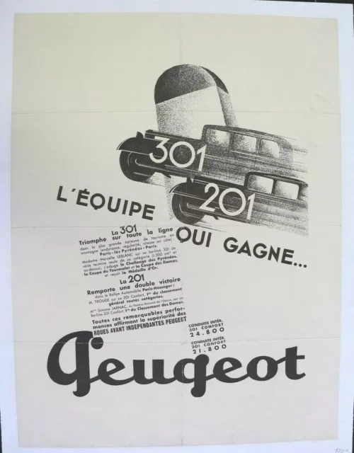 Affiche Ancienne Originale Garage Concession Peugeot 301 201 1932-1936