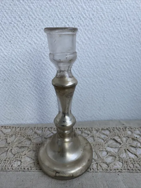 Ancien Bougeoir En Verre Eglomisé Église Deco Rétro Dans Son Jus