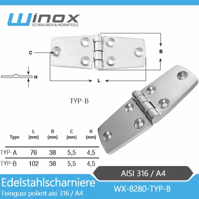 Scharnier Scharniere V2A V4A  Türscharnier Möbelscharnier Türband | 38x102x4,5mm