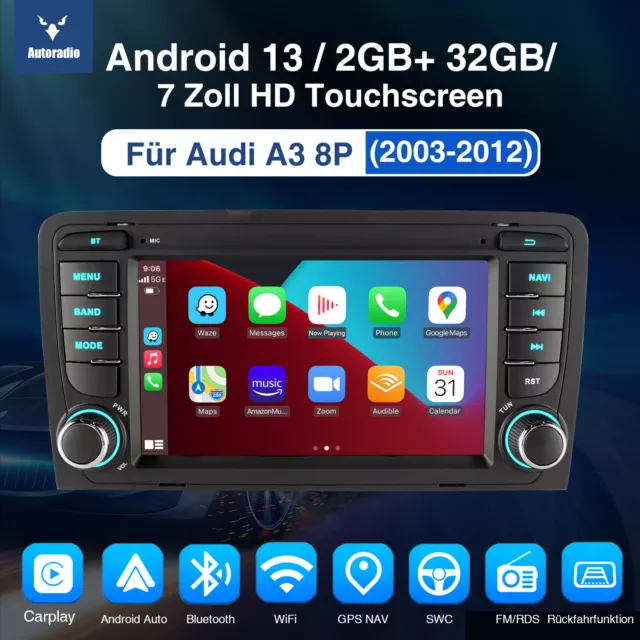 DAB+ 32G Android 13 Carplay Autoradio GPS Navi WIFI KAM Für Audi A3 S3 RS3 8V 8P 3