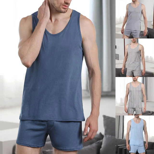 Uomo Cotone Set Pigiama Gilet senza Maniche Pantaloncini Abbigliamento Comodo