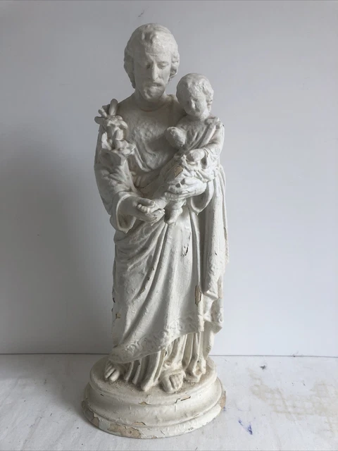 Très Grande Sculpture En Plâtre Ancienne Saint Joseph Et L’enfant Jesus