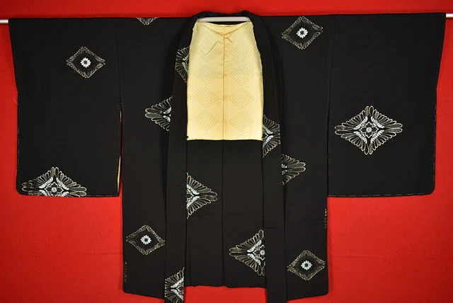 Vintage Japanese Kimono Silk Antique BORO Black HAORI Kusakizome Woven/A540/680