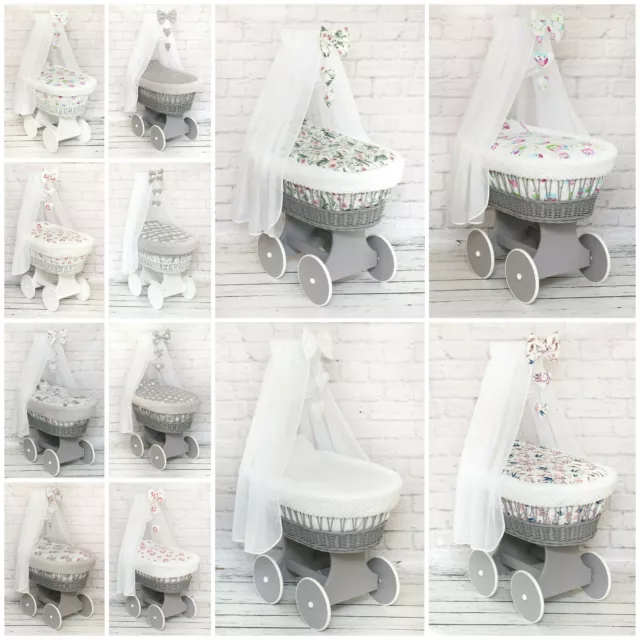 Luxury Wicker Moses Basket Full Set Wheel Baby Full Dimple Bedding Set Canopy