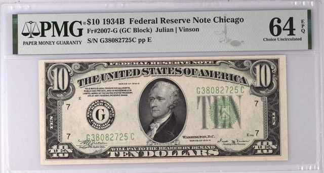 1934B $10 Federal Reserve Note Fr#2007-G Pmg Choice Unc 64 Epq G38082725C