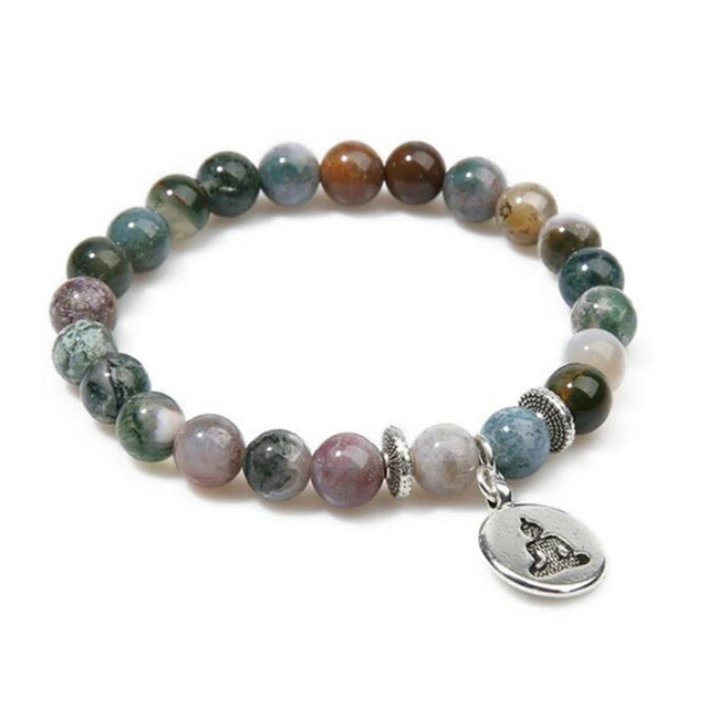 8mm Indian Agate Beads Bracelet 7.5 inches Wrist Sutra Men Buddhism Monk Lucky