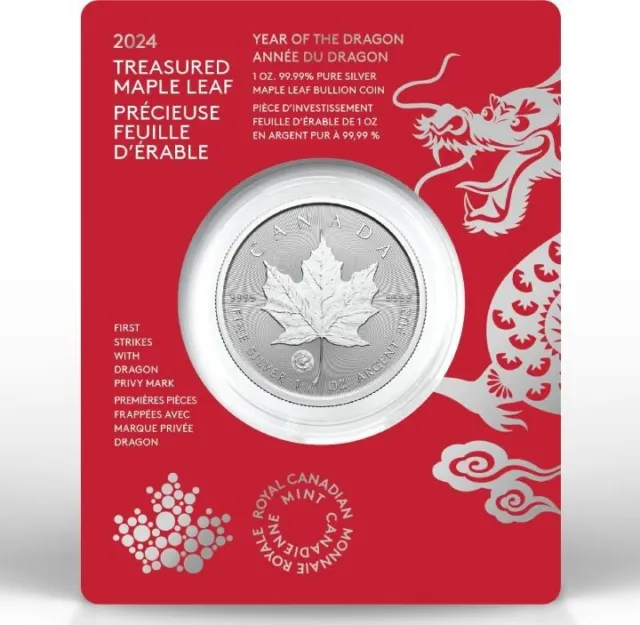 Maple Leaf 2024 5 $ Kanada Privy Lunar Year of the Dragon Silber 1 oz 9999 BU/ST