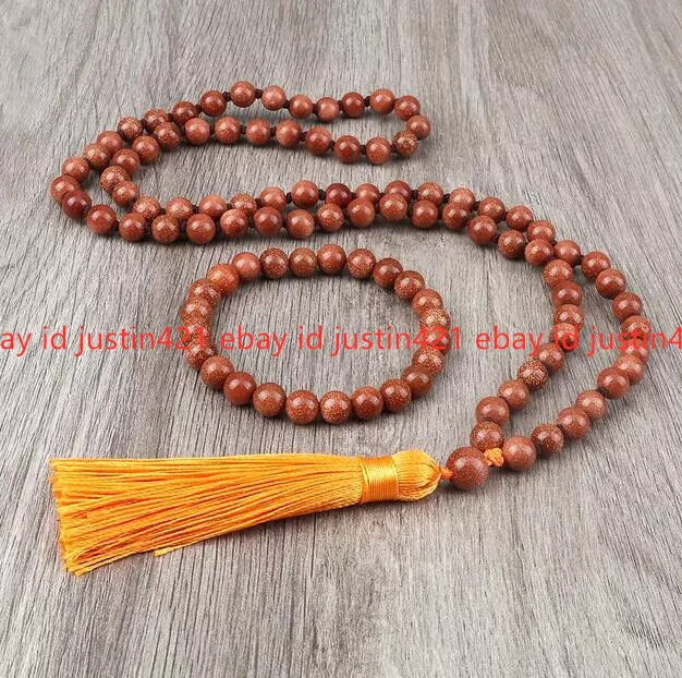 8mm Goldstone Sandstone 108 Prayer Beads Tibet Buddhist Mala Necklace Bracelet 2