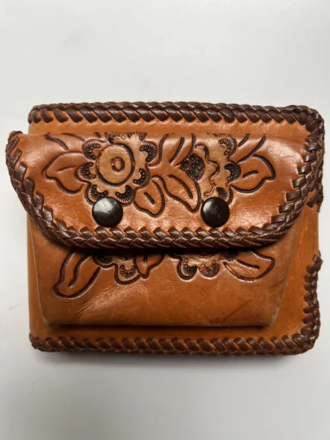 Vintage Tooled Leather Woman’s Folding Wallet With Coin Purse Whip Stitch Snaps