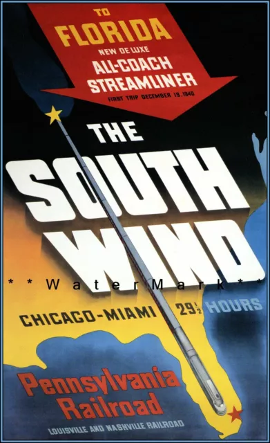South Wind 1940  Chicago To Florida Pennsylvania Railroad Poster Print Train Art