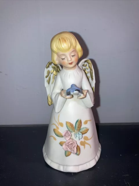 Vintage Homco Angel Bell Porcelain Figurine with Blue Bird