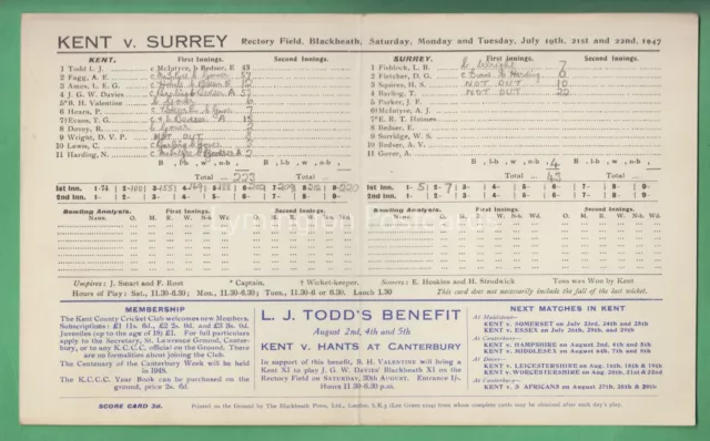 🌞CRICKET SCORECARD: KENT v SURREY, BLACKHEATH 19th JULY 1947