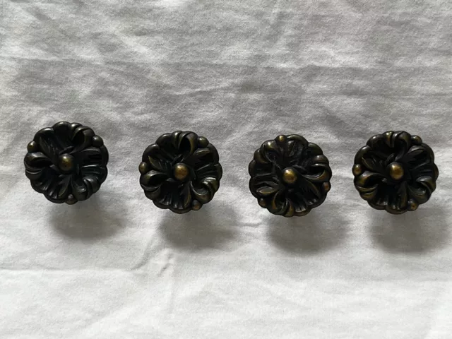 4 VTG Ornate Small Solid Brass Cabinet Door Knobs Drawer Pulls Hardware