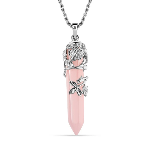 Pink Rose Quartz Pointer Necklace Flower Wrapped Healing Crystal Jewelry 24" Ct