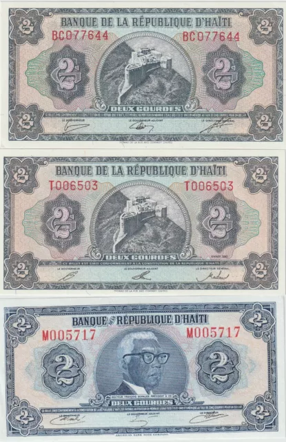 Haiti Lot of 3 2 Gourdes Banknote 1964 Uncirculated Cond Pick#186 & 260"Citadel"