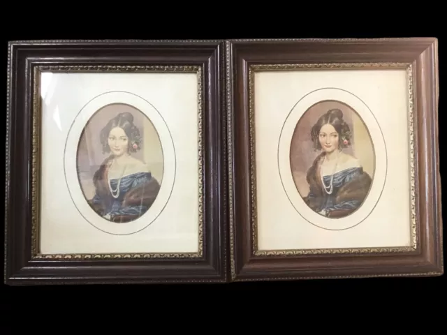 Pair of Vintage European Victorian Framed Portraits Matching Portraits