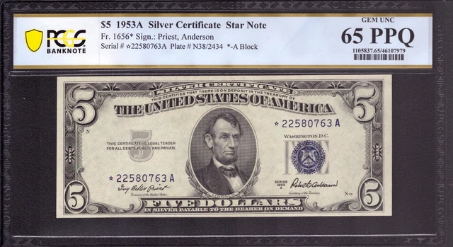 1953 A $5 Silver Certificate Star Note Fr 1656* Pcgs Gem Unc 65 Ppq (763A)