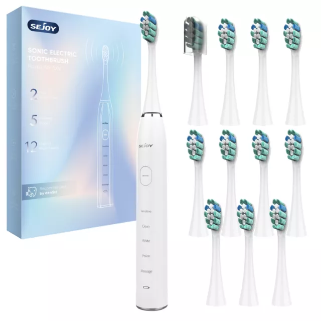 SEJOY Sonic Electric Toothbrush Rechargeable Power 12 Brush Heads 5 Modes Timer