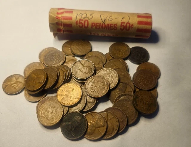 1925 Lincoln Wheat Penny Roll 50 Coins Avg Circ Copper  (WE COMBINE SHIPPING)