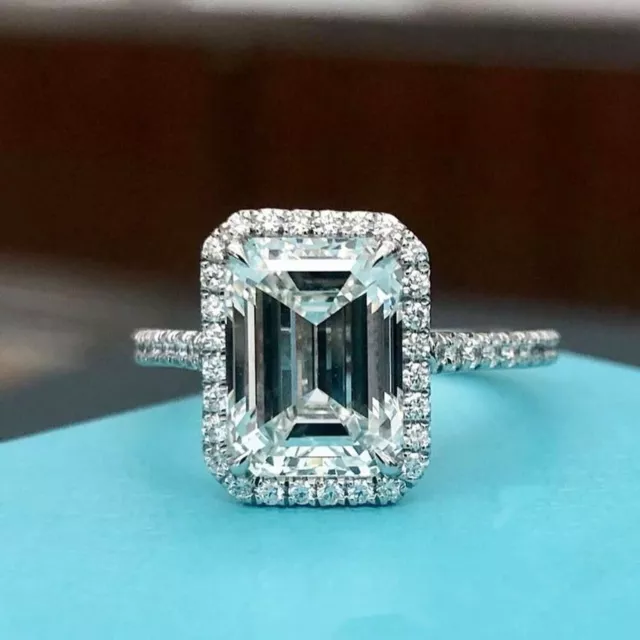 5Ct Emerald Cut Diamond VVS1/D Halo Bridal Engagement Ring 14K White Gold Finish