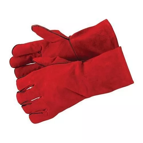 Welding Gloves Gauntlet Pair Leather Stove Burner Fire Oven Heat Resistant Red