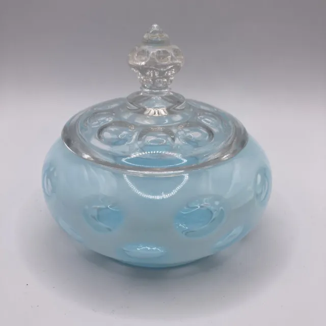 Vintage Art Glass FENTON Opalescent Blue Coin Dot Covered Vanity Powder Bowl